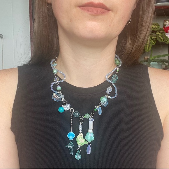 Mermaid Charm Necklace Silver Chain Mixed Beads Pendant Ocean Mermaidcore Blues - Picture 8 of 10
